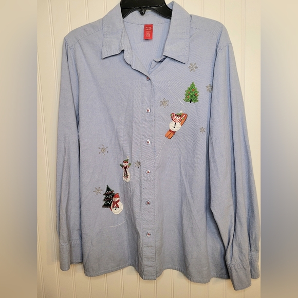Holiday Time Tops - Holiday Cotton Chambray Button-up With Snowmen & Christmas Trees Sz 16/18